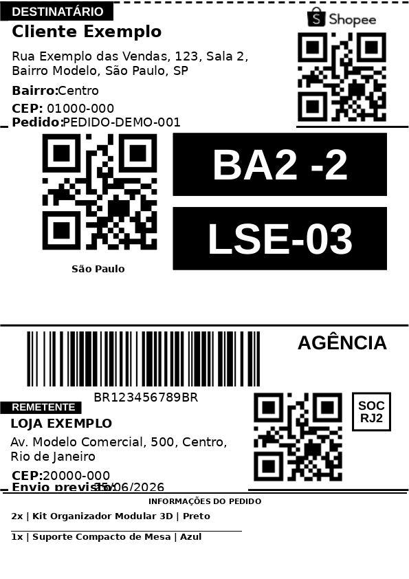 Etiqueta Shopee com informações do pedido